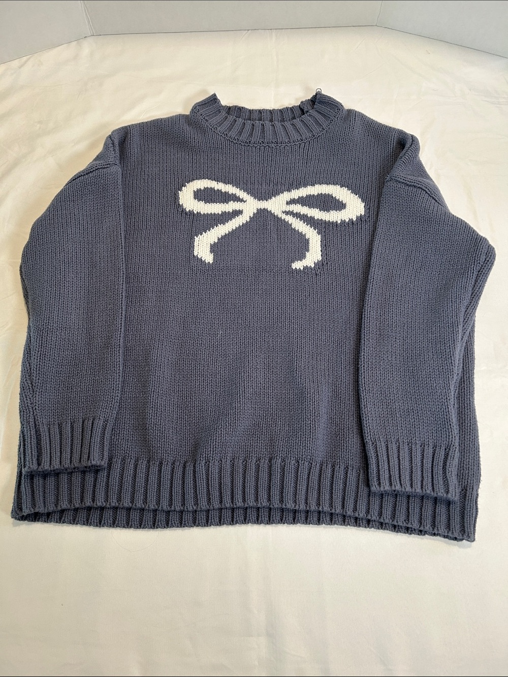 Sincerely Jules Bow Intarsia Chunky Knit Sweater Slate Blue Crewneck Cozy